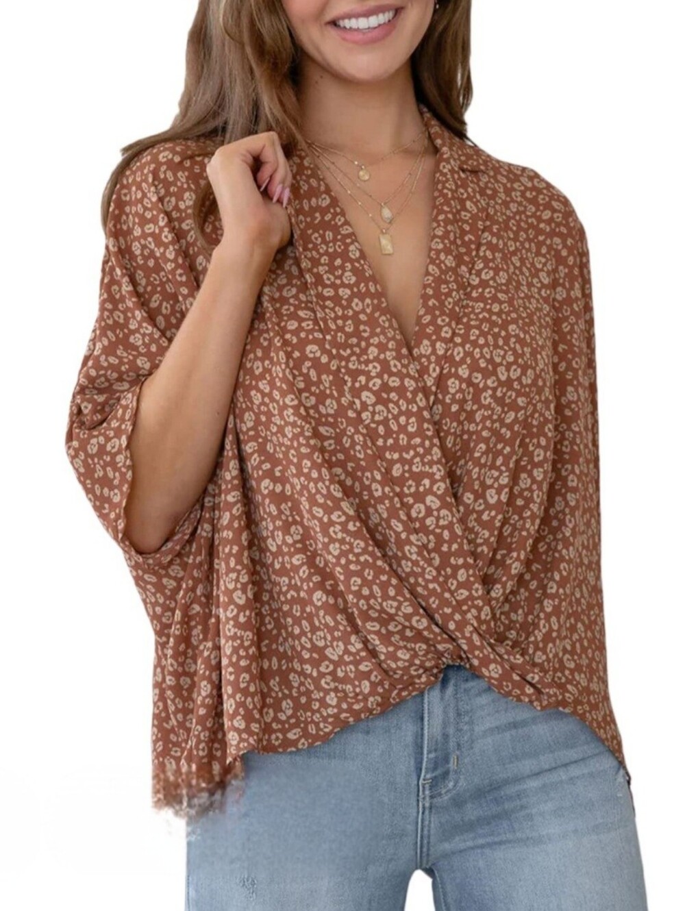 By Together Leopard Print Collard Drape Front Blouse